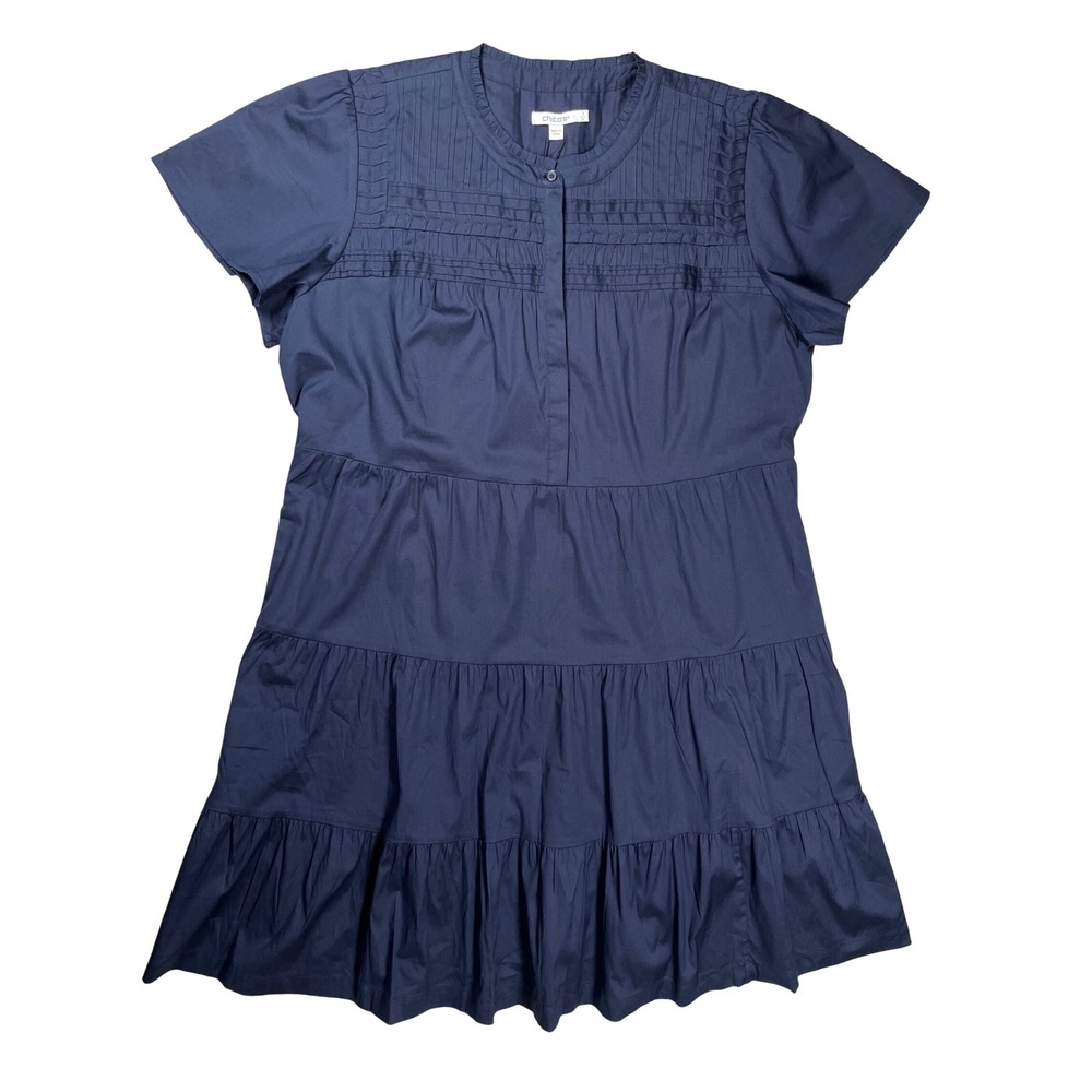 New Chico's Pintuck Tiered Dress Women 16 (Chicos 3) Navy Blue Cotton Blend NWT